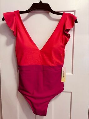 summersalt Two-Tone Red & Pink Flutter Sleeve One-Piece Swimsuit